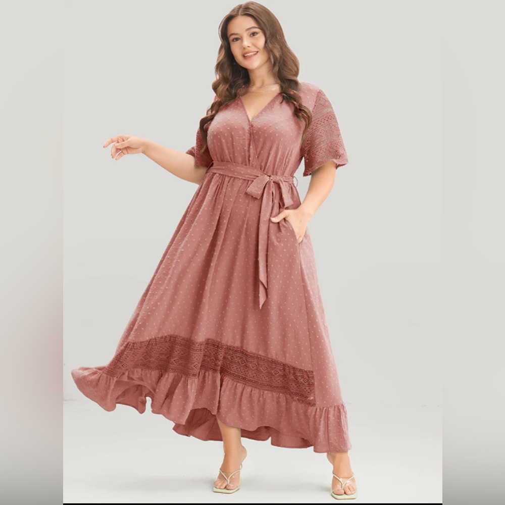 Dusty Pink Belted Lace Ruffle Trim Maxi Dress with Pockets, Size 14-16 / 1X